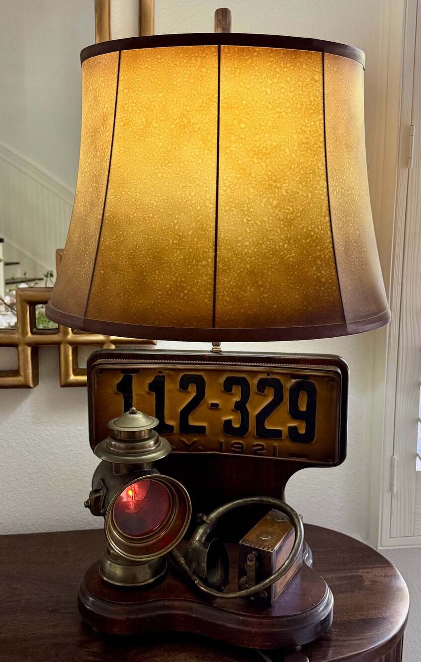 Vintage Nightwatch Wood and Brass Automotive Themed Table Lamp w License Plate